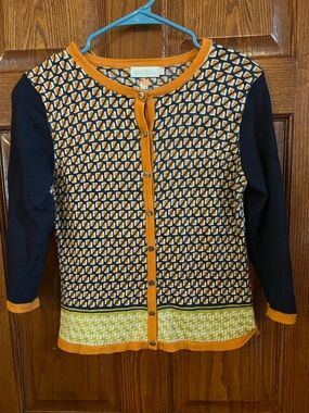Spartina 449 Large Button Front Cardigan Geometric Print 100% Merino Wool